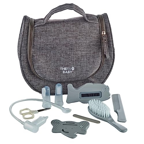 THERMOBABY Pflegeset mit 9 Zubehörteilen – Thermometer – Bürste – Kamm – Schere – Feile – Beißring – Fliege Baby – Fingerbürste – ab der Geburt