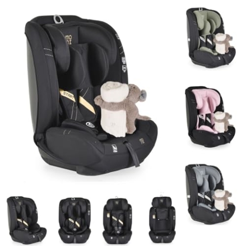 Moni Kindersitz i-Size Start (76-150cm) Kopfstütze verstellbar, Kuscheltier, Farbe:schwarz