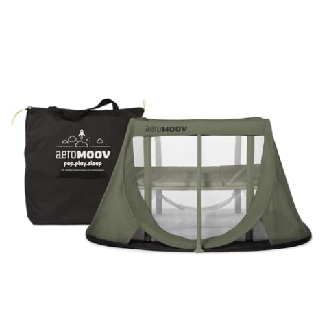 AeroMoov - Instant-Reisebett Baby - 2 Sekunden Aufbau - Superleicht und Kompakt - 2 Ebenen für Babys und Kleinkinder - Hochwertiger Matratze - Green Moss