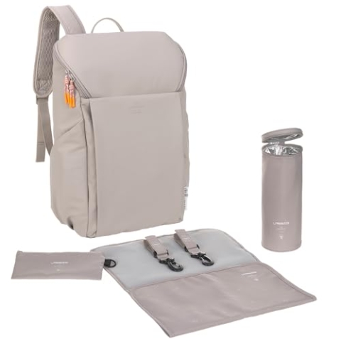 LÄSSIG Baby Wickelrucksack mit Wickelunterlage, Kinderwagenbefestigung und Flaschenhalter/GRE Slender Up Backpack taupe