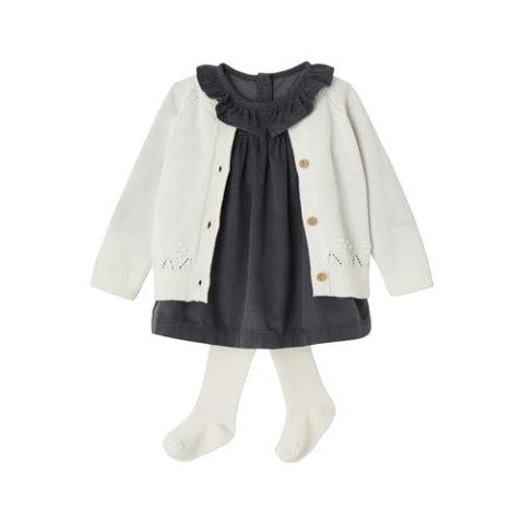VERTBAUDET Mädchen Baby-Set: Cordkleid, Cardigan & Strumpfhose schieferblau 62