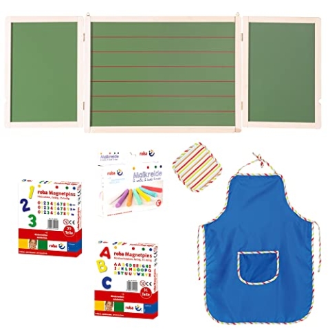 roba Tafel zum Aufhängen - klappbare Magnet- & Schreibtafel inkl. Kreide, Holzmagnetzahlen & -buchstaben, Wischlappen und Schürze - Holz - Weiß/Grün