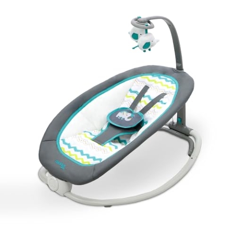 Asalvo FOLD Elefante Babywippe, Rückenlehne in 4 Positionen, entspannende Musik und Vibration, Feste Position und Wippe, 5-Punkt-Gurt, faltbar, maximale Belastung 9 kg, Aqua Grau