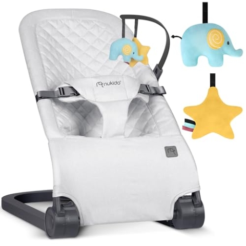 Nukido Babywippe Baby Wippe Babyschaukel Babyliege Bis 9 kg 2in1 Montessori Spielzeug Metallrahmen Stabiler Kunststoff Sicherheitsgurte Verstellbar Baby Bounce Hellgrau