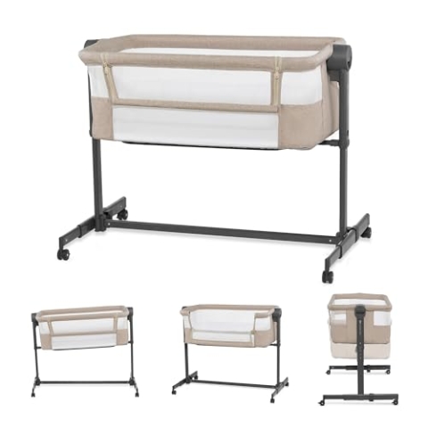 Kinderkraft Neste UP2 Beistellbett 2 in 1, Kinderreisebett mit Matratze Laken, 5-stufige Matratzenhöhenverstellung, 4 Rädern mit Bremse, Weichen Material, Leichte Konstruktion, Beige