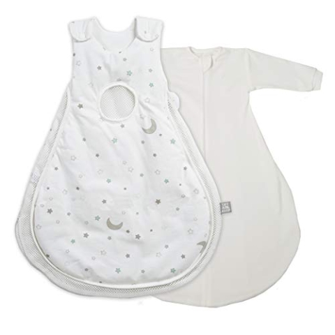 roba Babyschlafsack 62/68 cm Air PLUS Sternenzauber + Strampelsack mit Ärmeln - safe asleep - Schlafsack ganzjährig für Neugeborene - Weiß mit Stern Motiv
