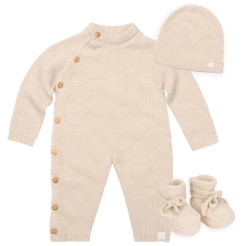 Koeka Baby Bekleidungsset - Gestrickt - Baby Anzug - Baby Mütze - Baby Hausschuhe - Beja - Merinowolle - Cashmere - Premium - Beige - 62/68