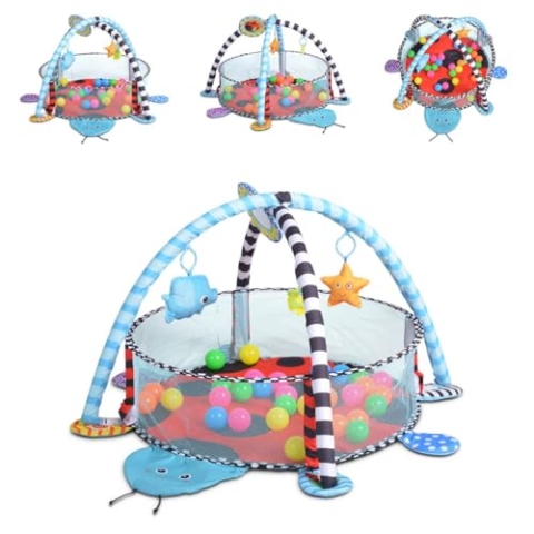 Cangaroo Spielbogen Ladyfly 2 in 1 Krabbeldecke, Bällebad, 30 Bälle, Stofftiere, Farbe:blau