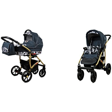 BabyLux Largo 2-in-1 Baby Kinderwagen Tief und Kinderwagen mit Zubehör Verstellbar und faltbar Aluminiumkonstruktion Wasserdicht Nicht abnehmbare Räder Grey Light Pink Gold Frame