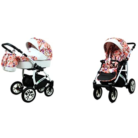 BabyLux Tropical 2-in-1 Bouncing Baby Stroller und Zubehör Kinderwagen Verstellbar und faltbar Aluminium Konstruktion Wasserdicht Nicht abnehmbare Räder Small Roses