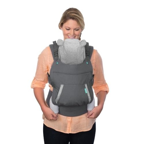 Infantino Cuddle Up Babytrage – Ergonomische Babytrage mit Teddy-Kapuze und verstellbaren Schultergurten – Für Säuglinge und Kleinkinder von 5,4-18 kg, grau