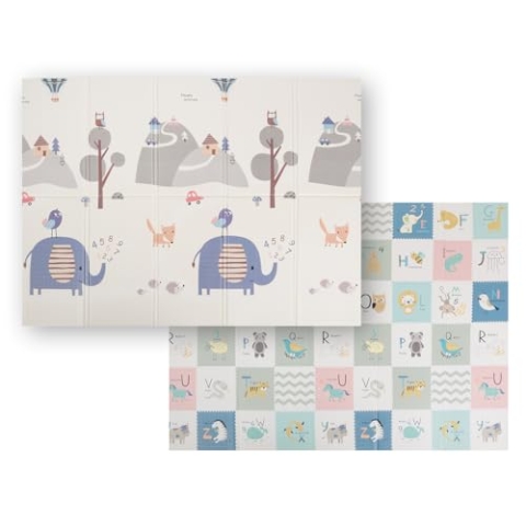 KiddyMoon Babymatte Zweiseitige Krabbelmatte Schaumstoffmatte Für Kinder Kindermatte Kindgerechte Muster Spielplatz Entwicklung Sicherer Bequemer Für Drinnen Draußen 150X200x1cm, Grau-Bergen/Elefant
