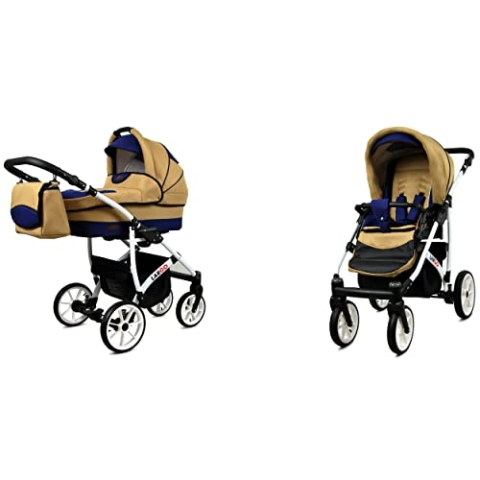 BabyLux Largo 2-in-1 Baby Kinderwagen Tief und Kinderwagen mit Zubehör Verstellbar und faltbar Aluminiumkonstruktion Wasserdicht Nicht abnehmbare Räder Gold Star