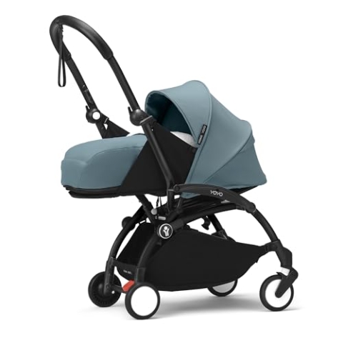 Stokke YOYO3 Gestell (Schwarz) mit 0+ Neugeborenen Set (Aqua) - Inklusive Matratze, Fünfpunktgurt, ausziehbarem Verdeck, gepolsterte Schultergurte & schützende Aufbewahrungstasche