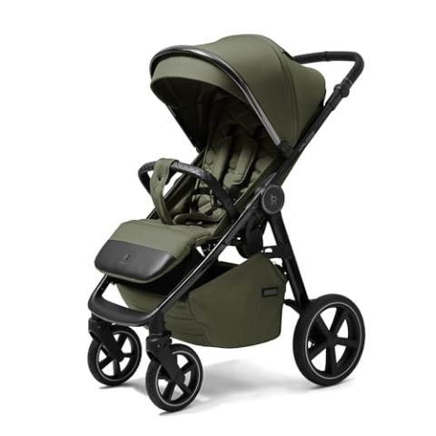 Xplode Chrome Kinderwagen bis 22 kg, isolierter Fußsack, Flaschenhalter, Regenschutz und Moskitonetz, Magnetschnalle, Chromoberflächen (Misty Olive)