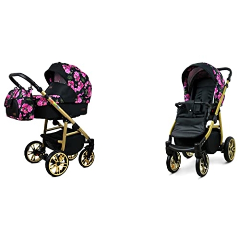 BabyLux Color Lux 2-in-1 Baby Kinderwagen Tief und Kinderwagen mit Zubehör Verstellbar und faltbar Aluminiumkonstruktion Wasserdichte Nicht abnehmbare Räder Bouquets Peony On Black Gold Frame