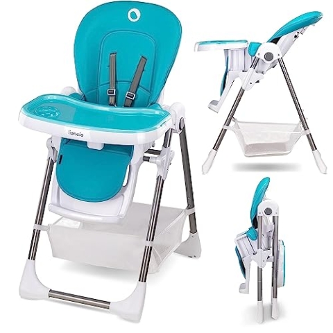LIONELO Linn 2-in-1-Kinderhochstuhl, hoher, verstellbarer Stuhl, abnehmbares Tablett, rutschfest, 6 bis 36 Monate, 5-Punkt-Sicherheitsgurt, Belastbarkeit bis 15 kg (Türkis)
