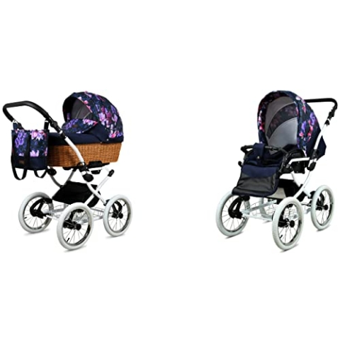 BabyLux ALU 2in1 Kinderwagen für Kleinkinder – Kinderwagen für Neugeborene und Kleinkinder – Baby Neugeborenen Kinderwagen – 59x105x125cm – Max. 15kg – Royal Magnolia White Frame