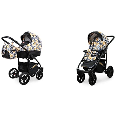 BabyLux Miracle 2-in-1 Baby Kinderwagen Tief und Kinderwagen mit Zubehör Verstellbar und faltbar Aluminium Konstruktion Wasserdicht Nicht abnehmbare Räder Gold Leaf