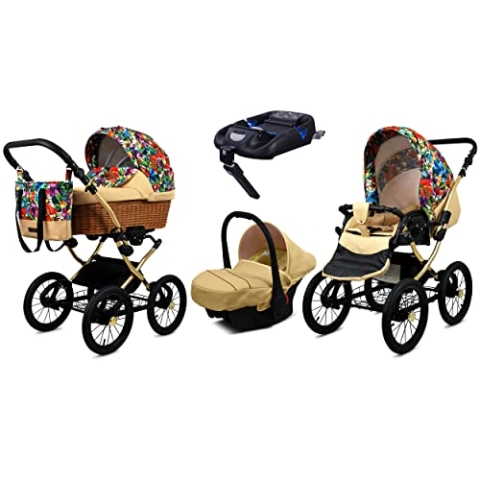BabyLux Kinderwagen 4in1 mit Autositz für Kleinkinder – Kinderwagen für Neugeborene und Kleinkinder –– Baby Neugeborenen Kinderwagen – ISOFIX Autositzbasis – Max 15kg – Jungle Flowers Gold Frame