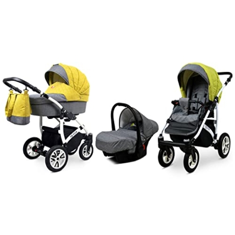 BabyLux® Bambimo Kinderwagen Set 3 in 1 - Queen - incl. Babywanne, Buggy Sportsitz, Auto-Babyschale - Autositz - Kinderwagenset - Kombikinderwagen mit Wickeltasche, Regenschutz usw.