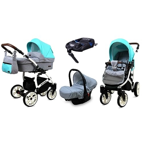 BabyLux® Kinderwagen Set 4 in 1 - Optimal - incl. Babywanne, Buggy Sportsitz, Auto-Babyschale, ISOFIX-Basisstation - Autositz - Kinderwagenset - Kombikinderwagen mit Wickeltasche usw.