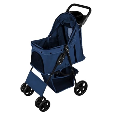 Haustierwagen, marineblauer Träger, faltbarer Reisewagen, 15 kg Kapazität, 4 Räder, Bremsen, Katze, Hund, Sicherheitshaken, Leine, Kissen, Netzfenster, Korb, Getränkehalter, wasserdichter Regenschutz