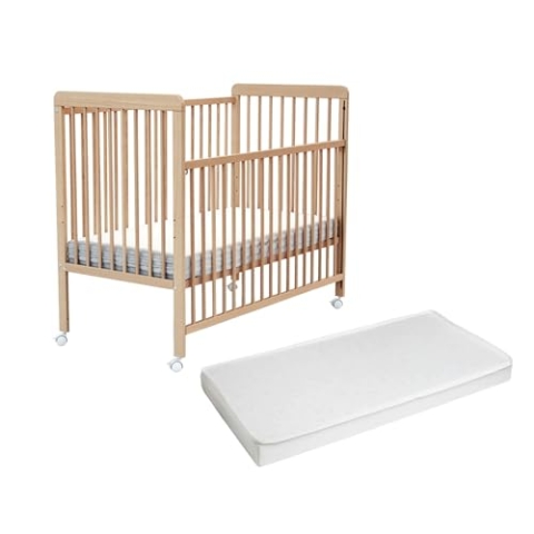 AT4 - Babybett Holz mit Matratze 60x120 ESSENTIEL Buche Lackierte |Kinderbett | Mit 4 rollen | Mit Verstellbarer Lattenrost 3 stufen