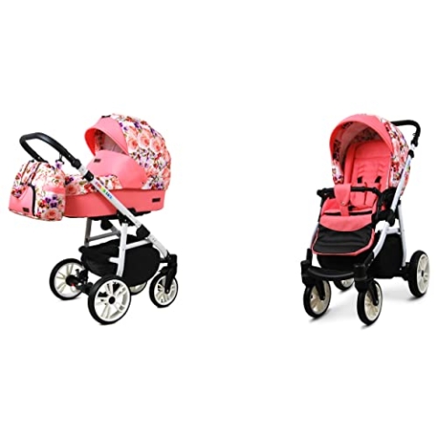 BabyLux Color Lux 2-in-1 Baby Kinderwagen Tief und Kinderwagen mit Zubehör Verstellbar und faltbar Aluminiumkonstruktion Wasserdichte Nicht abnehmbare Räder Pansies And Roses White Frame