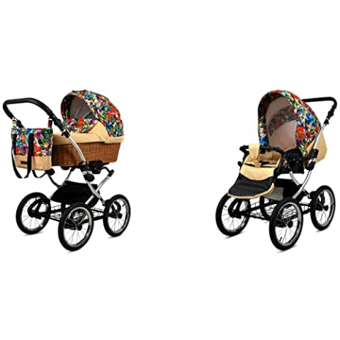 BabyLux ALU 2in1 Kinderwagen für Kleinkinder – Kinderwagen für Neugeborene und Kleinkinder – Baby Neugeborenen Kinderwagen – 59x105x125cm – Max. 15kg – Jungle Flowers Silver Frame