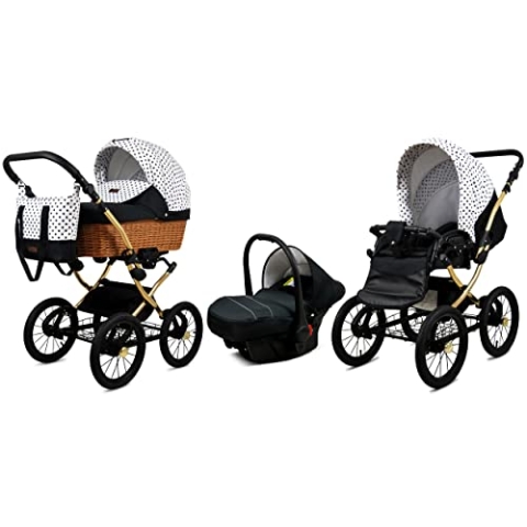 BabyLux Kinderwagen 3in1 mit Autositz für Kleinkinder – Kinderwagen für Neugeborene und Kleinkinder –– Baby Neugeborenen Kinderwagen – 59x105x125cm – Max 15kg – Black Dots Gold Frame