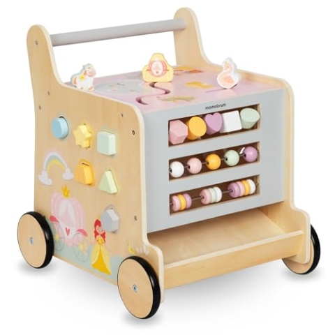Mamabrum Holzläufer für Kinder, 2in1 Puder, Motorikwürfel, Frühkindspielzeug: Reiter, Sorter, Labyrint, Zahlenblöcke, Schieber, Rutschfeste Räder