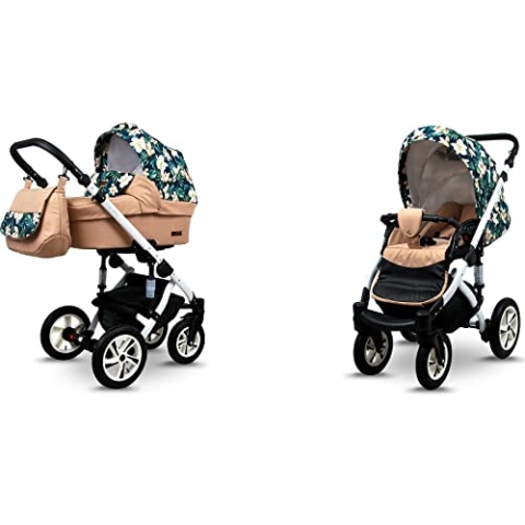 BabyLux® Sky Lark 2-in-1 Baby Kinderwagen Tief und Kinderwagen mit Zubehör Verstellbar und faltbar Aluminiumkonstruktion Wasserdicht Nicht abnehmbare Räder Creamy Lillies White Frame