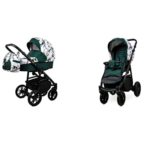 BabyLux Color Lux 2-in-1 Baby Kinderwagen Tief und Kinderwagen mit Zubehör Verstellbar und faltbar Aluminiumkonstruktion Wasserdichte Nicht abnehmbare Räder Lilac Flowers On Grey Black Frame