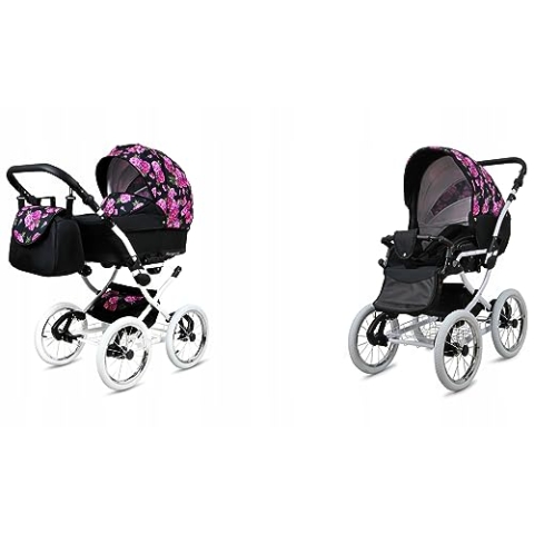 BabyLux® Bambimo Kinderwagen Set 2 in 1 - Margaret White - incl. Babywanne, Buggy Sportsitz - Kinderwagenset - Kombikinderwagen mit Wickeltasche, Regenschutz, Moskitonetz, Cupholder usw.