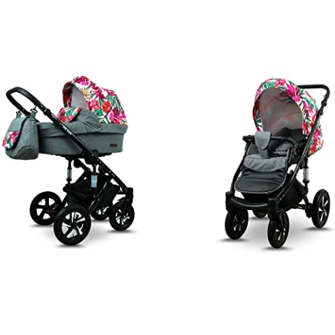 BabyLux® Sky Lark 2-in-1 Baby Kinderwagen Tief und Kinderwagen mit Zubehör Verstellbar und faltbar Aluminiumkonstruktion Wasserdicht Nicht abnehmbare Räder Grey Flex Hibiscus Black Frame