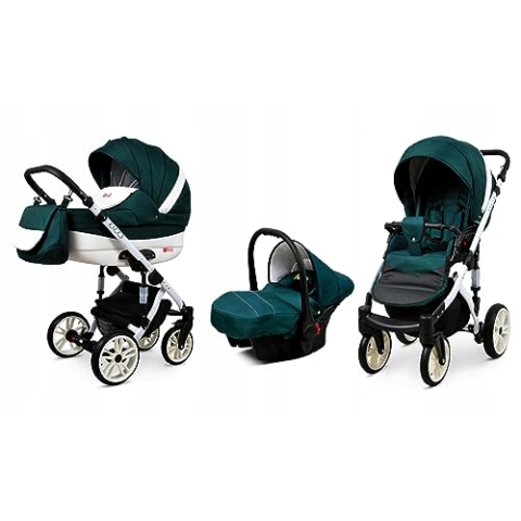 BabyLux® Bambimo Kinderwagen Set 3 in 1 - Lilly - incl. Babywanne, Buggy Sportsitz, Auto-Babyschale - Autositz - Kinderwagenset - Kombikinderwagen mit Wickeltasche, Regenschutz usw.