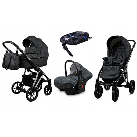 BabyLux® Kinderwagen Set 4 in 1 - Marlux Magnetic - incl. Babywanne, Buggy Sportsitz, Auto-Babyschale, ISOFIX-Basisstation - Autositz - Kinderwagenset - Kombikinderwagen mit Wickeltasche usw.