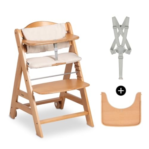hauck Beta+, Natural - Mitwachsendes Kinderhochstuhl Set ab 6 Monaten bis 90 kg mit Rädern, Sitzkissen, Großes Essbrett, Kleiner Schutzbügel, 5 Punkt Gurt Sicherheitsgurt & Schrittgurt