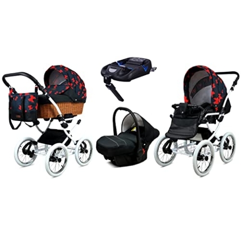 BabyLux Kinderwagen 4in1 mit Autositz für Kleinkinder – Kinderwagen für Neugeborene und Kleinkinder –– Baby Neugeborenen Kinderwagen – ISOFIX Autositzbasis – Max 15kg – Red Bow White Frame