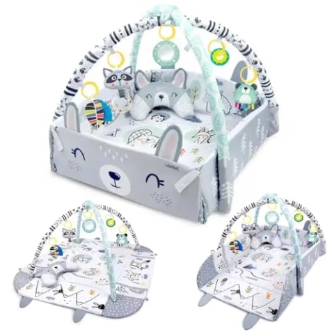 Multifunktionale Baby Spieldecke mit Spielbogen – Baby Gym Spielmatte & Krabbeldecke – inkl. 20 Bällen + 5 Spielzeugen, Buikligtrainer – ab 0+ Monaten