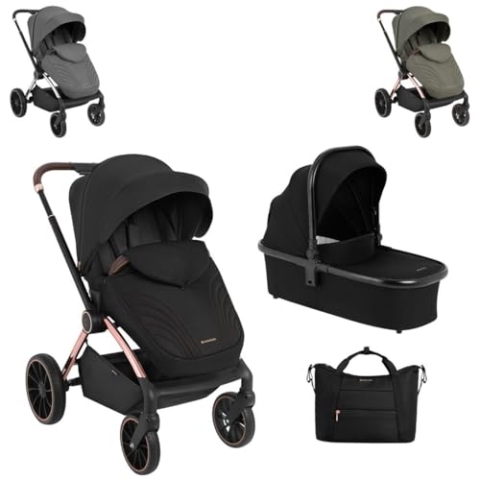 Kikkaboo Kinderwagen Kara 2 in 1 Babywanne, Sportsitz, Wickeltasche, Federung, Farbe:schwarz
