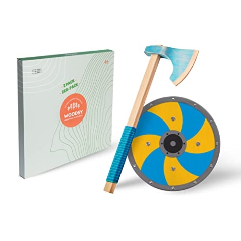 WOODSY ® Spielzeug Axt mit Schild | 42 cm lang Echtholz aus Buche | Wikinger Kinder Axt Spielzeug Wikinger kostüm Kinder Fasching Wikinger axt Kinder