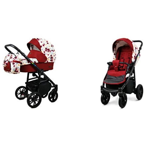 BabyLux Color Lux 2-in-1 Baby Kinderwagen Tief und Kinderwagen mit Zubehör Verstellbar und faltbar Aluminiumkonstruktion Wasserdichte Nicht abnehmbare Räder Meadow Flowers On White Black Frame