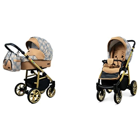 BabyLux Color Lux 2-in-1 Baby Kinderwagen Tief und Kinderwagen mit Zubehör Verstellbar und faltbar Aluminiumkonstruktion Wasserdichte Nicht abnehmbare Räder Gold And Black Houndstooth Gold Frame