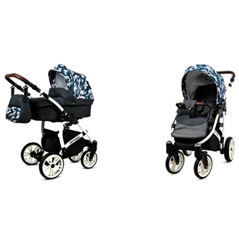 BabyLux Optimal 2-in-1 Baby Kinderwagen Tief und Kinderwagen mit Zubehör Verstellbar und faltbar Aluminium Konstruktion Wasserdicht Nicht abnehmbare Räder Light Pink White Frame