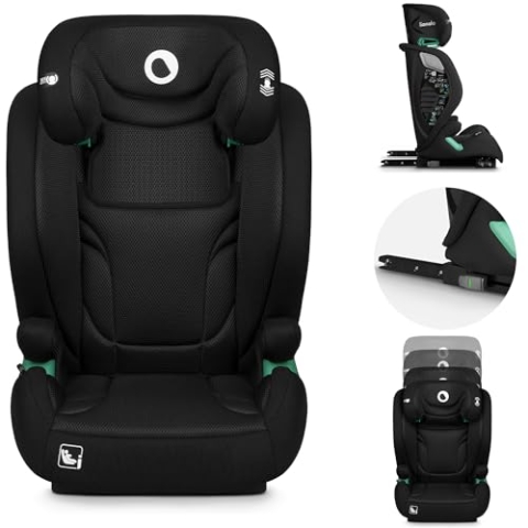 LIONELO IGO I-size Kinderautositz, Gruppe 2 3, von 100-150 cm ISOFIX oder gurtlose Frontbefestigung, Rückenlehne und Kopfstütze verstellbar mit abnehmbarer Rückenlehne aus Memoryschaum Schwarz
