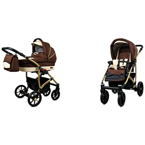 BabyLux Largo 2-in-1 Baby Kinderwagen Tief und Kinderwagen mit Zubehör Verstellbar und faltbar Aluminiumkonstruktion Wasserdicht Nicht abnehmbare Räder Brown Cream Gold Frame
