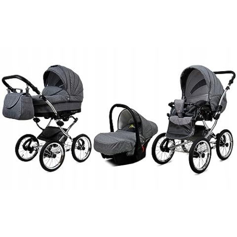 BabyLux® Bambimo Kinderwagen Set 3 in 1 - Margaret Exclusive - incl. Babywanne, Buggy Sportsitz, Auto-Babyschale - Autositz - Kinderwagenset - Kombikinderwagen mit Wickeltasche, Regenschutz usw.