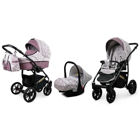 BabyLux® Bambimo Kinderwagen Set 3 in 1 - Miracle - incl. Babywanne, Buggy Sportsitz, Auto-Babyschale - Autositz - Kinderwagenset - Kombikinderwagen mit Wickeltasche, Regenschutz usw.